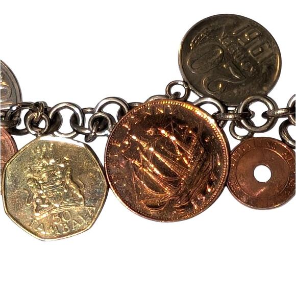 Vintage 925 Sterling Silver Italy International Coin Charm Bracelet 7.5 inches - Picture 5 of 9